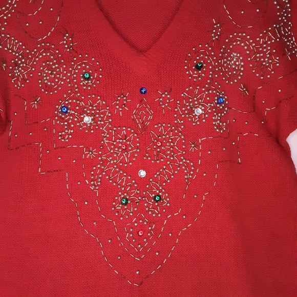 Western Connections Sweater Festive V-Neck Red With Beads Rhinestones Small - Picture 3 of 9